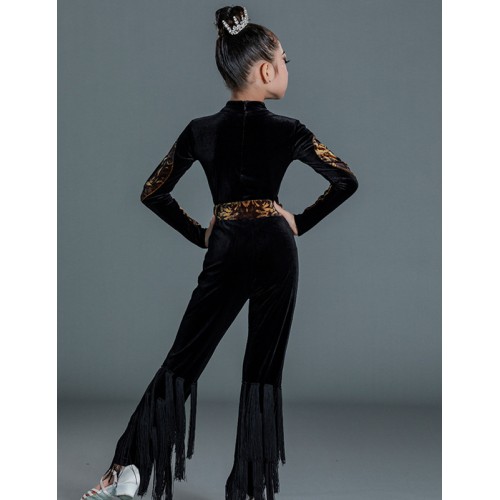 Girls kids black with leopard velvet tassels latin dance costumes long sleeves bodysuits and fringe long pants latin practice stage performance wear for children